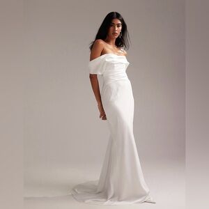 NEW ASOS Curve Bardot Off-Shoulder Satin White Wedding Dress Plus Size 22